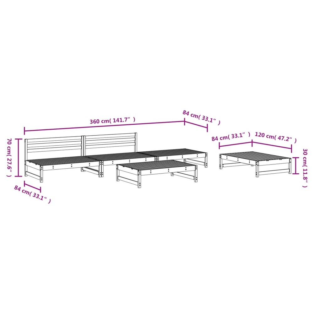 Salon de jardin 5 pcs noir bois massif de pin