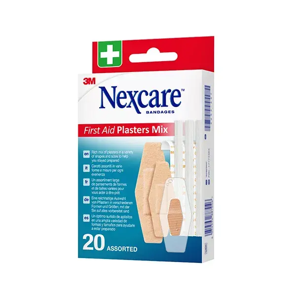 Conjunto de curativos adesivos Nexcare™ com 20 caixas variadas.