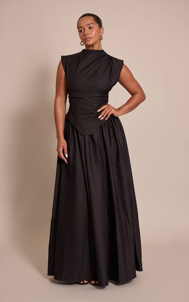 Noir Robe Longue Moulante Corsétée À Col Montant En Tissu Tissé Shape