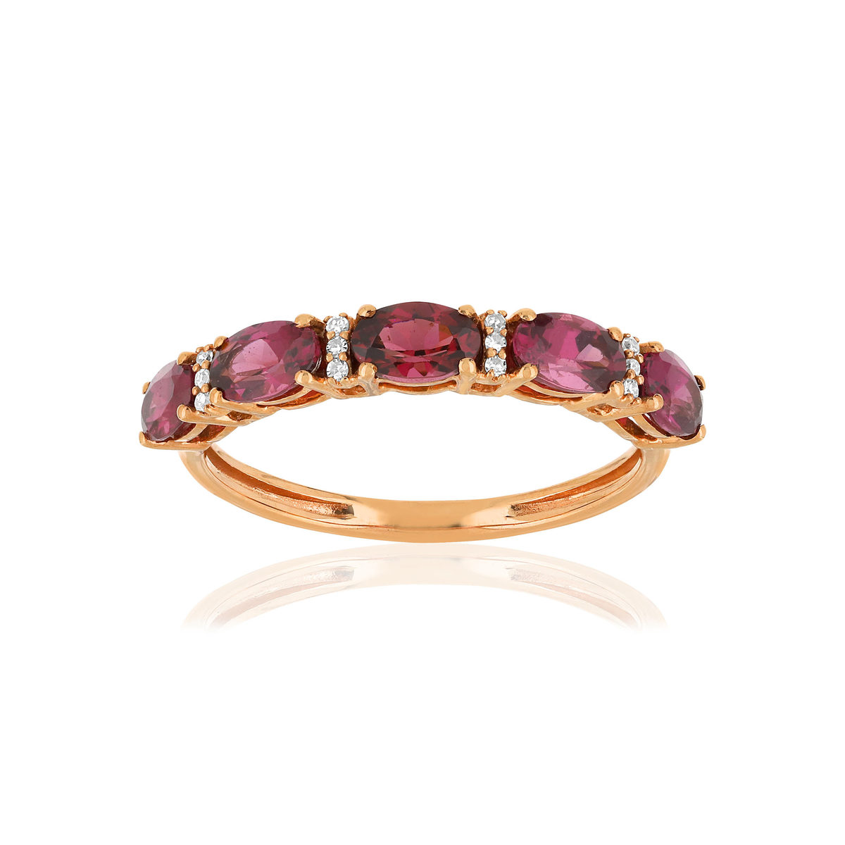 Bague or 375 rose grenats rhodolites ovales et diamants