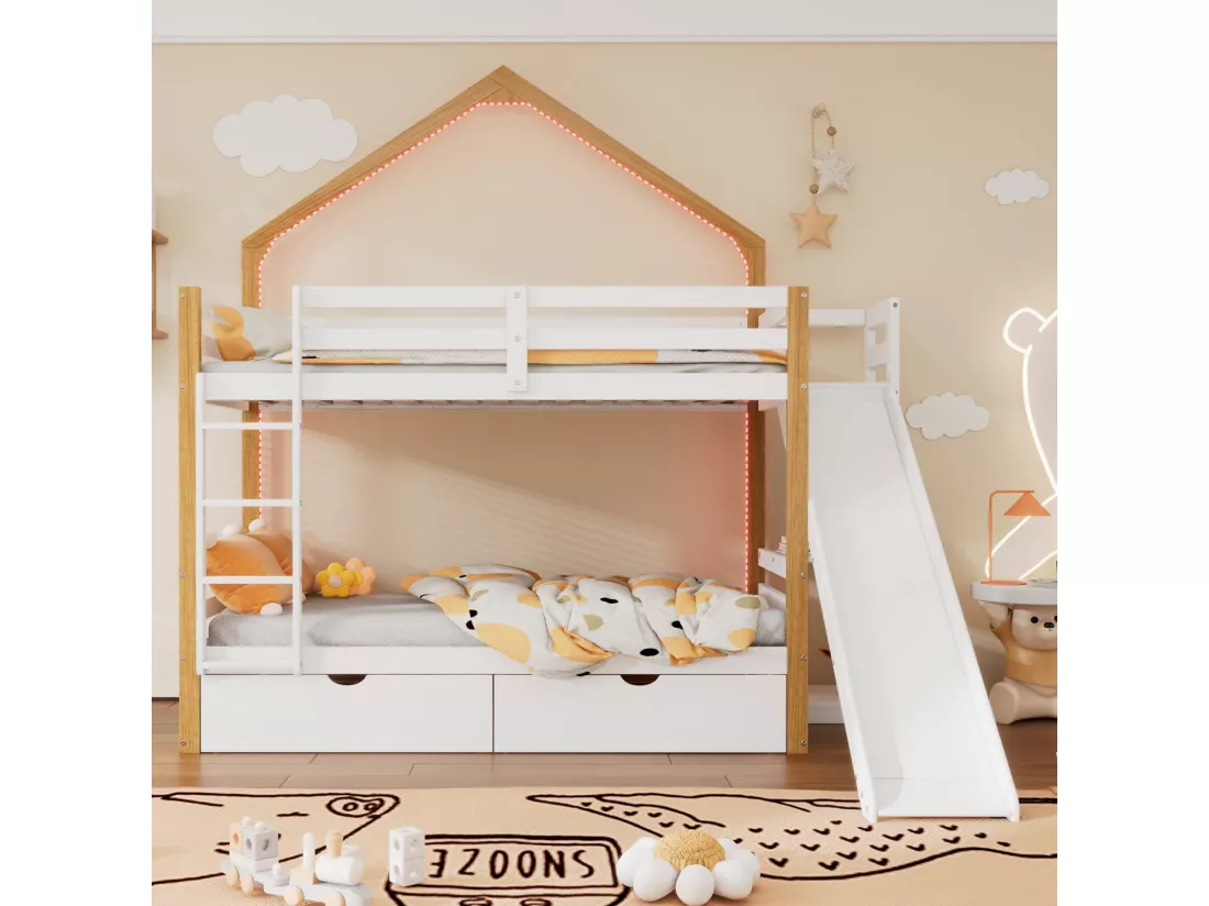 Lits superposés 2 x 90 x 200 cm - 2 tiroirs - avec LED - toboggan - Pin + MDF - Blanc + nature