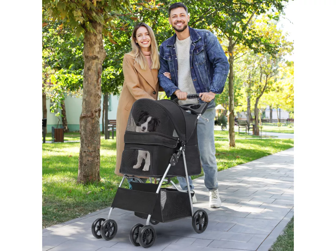 YITAHOME Poussette pour Chiens Petite et Moyenne Taille - 4 Roues avec Panier de Rangement - Pliable - avec Porte-Gobelet - Noir