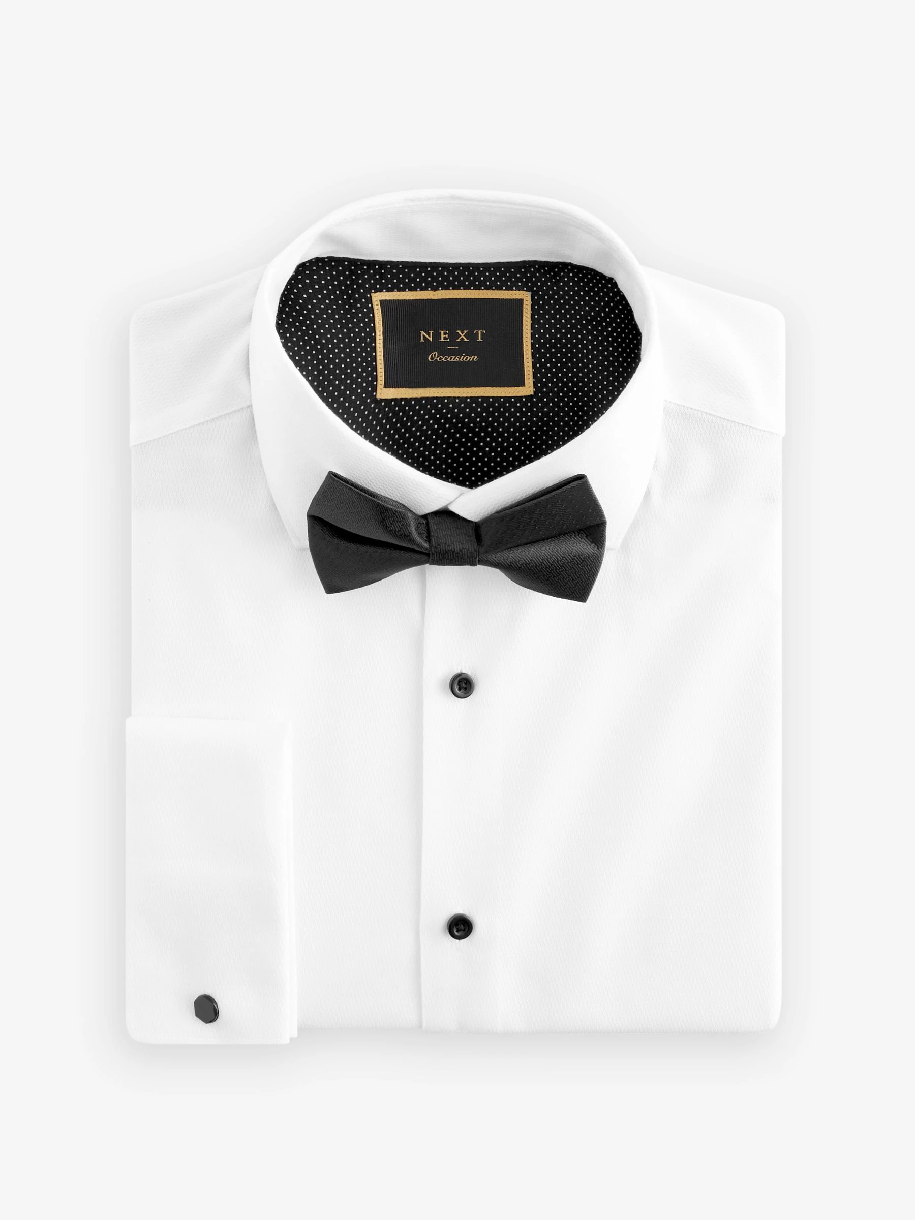 Witte structuur/zwarte vlinderdas - Slim Fit - Set van overhemd met enkele manchet en een vlinderstrik