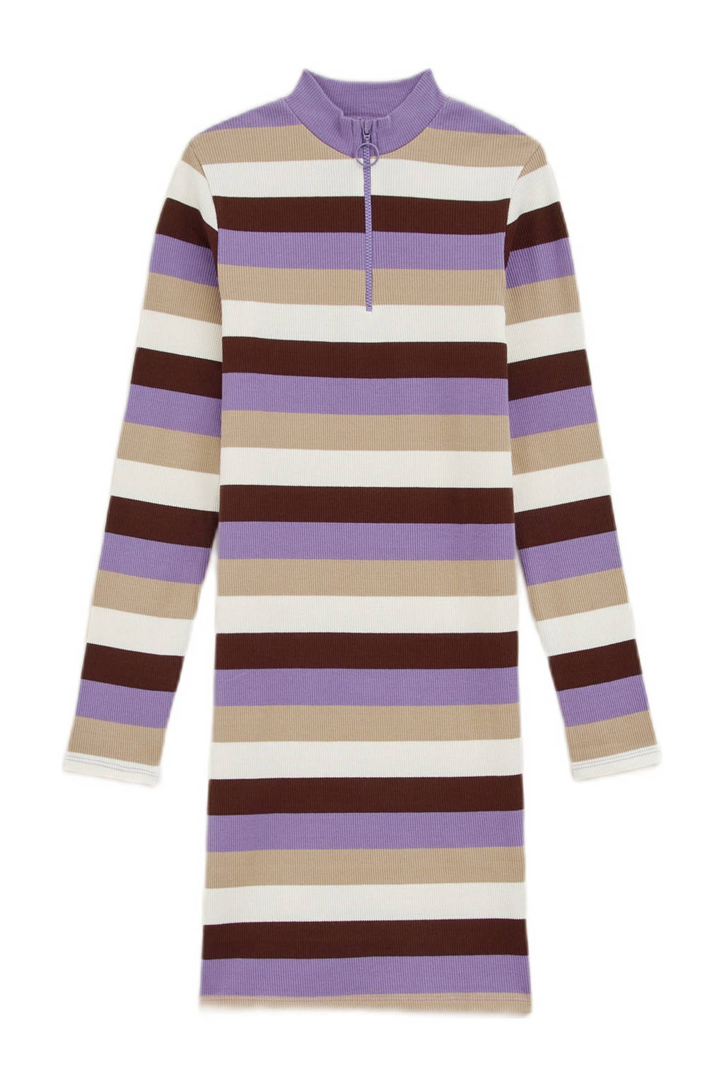 WE Fashion gestreepte bodycon jurk paars/bruin/ecru