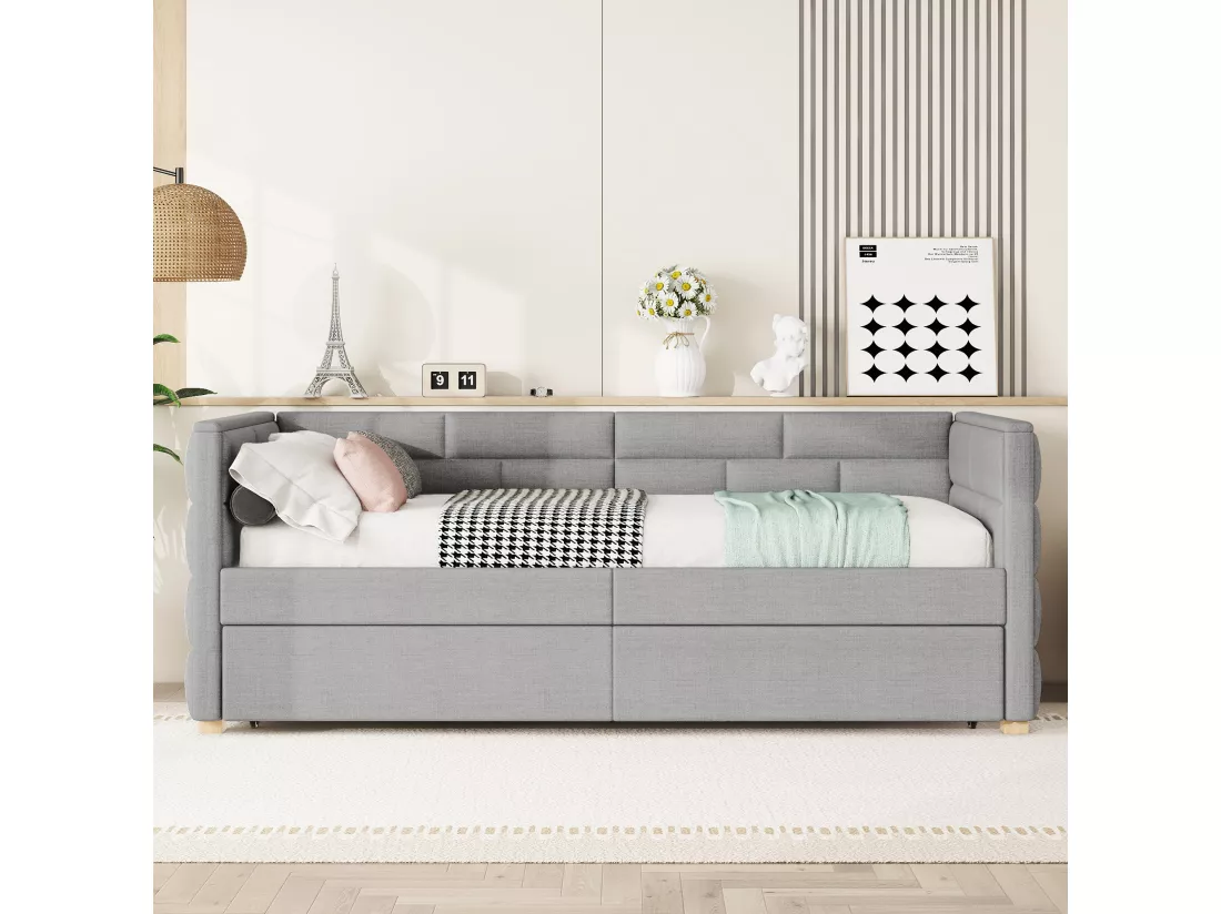 Lit banqueet avec lit gigogne 90x190/200cm - en tissu lin - Gris