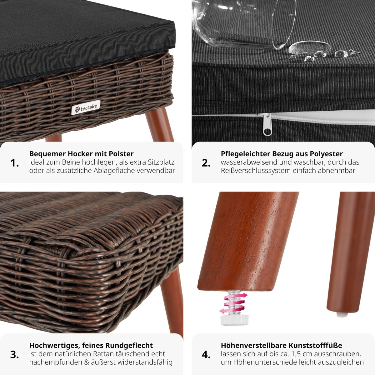 tectake Vibo rotan voetenbank, natuurlijk imitatieweefsel met aluminium frame, 54,5 x 44,5 x 46,5 cm