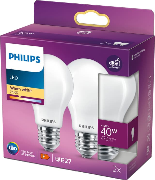 Philips Classic A60 LED-pære 5W E27 (2-pakke) (varm hvid)