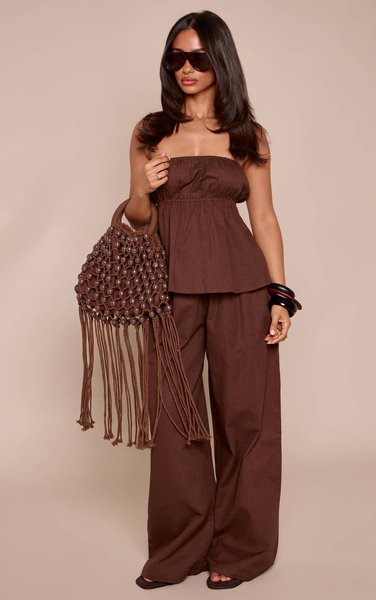 Chocolat Petite Pantalon Large Fluide Aspect Lin Ensemble Coordonné