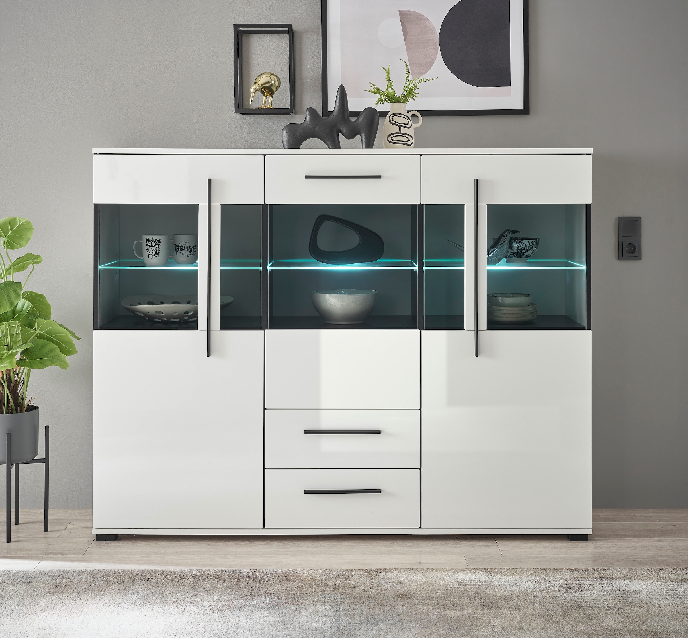 INOSIGN Highboard »Cantara, moderner Schrank, Vitrine in Eiche Dekor oder weiss« schwarze Stangengriffe, ausreichend Stauraum, vielseitig einsetzbar