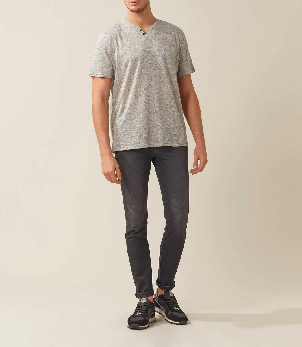 T-shirt lin gris clair col tunisien 