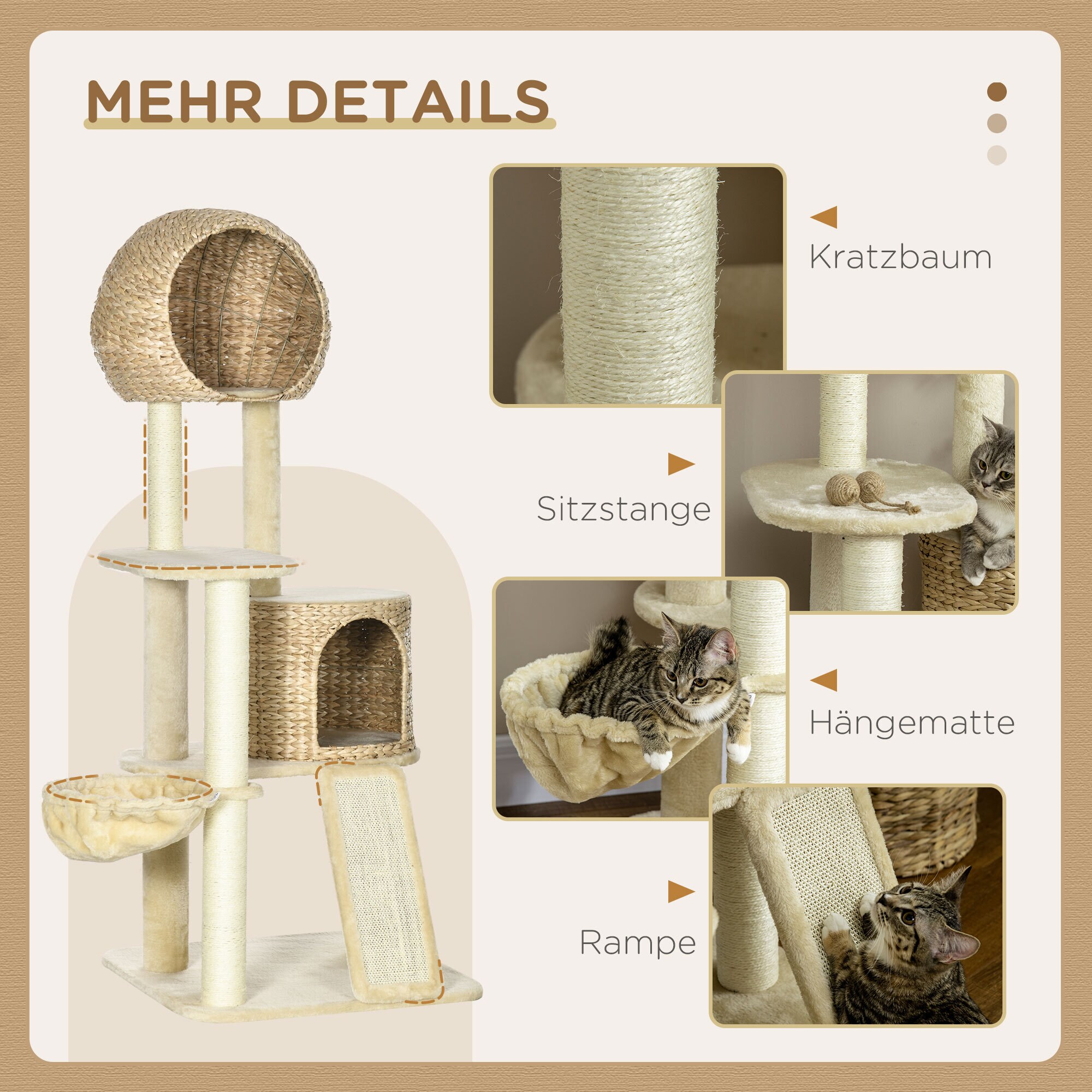 PawHut Kratzbaum mit Katzenhaus beige 60L x 60B x 150H cm