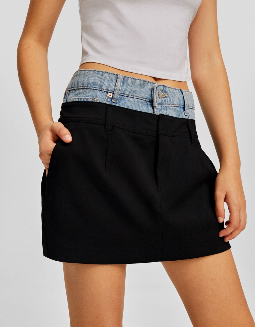Saia de alfaiataria com cintura em jeans contrastante