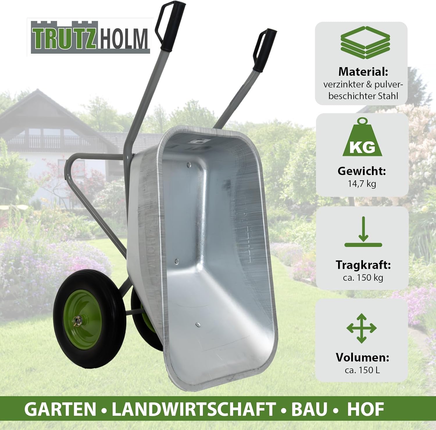 TRUTZHOLM 2-Rad Schubkarre 150L 150kg | stabile Gartenkarre Baukarre kippsicher | verzinkte Wanne | pannensichere PU-Räder | pulverbeschichteter Stahlrahmen | Sicherheitsgriffe | Zweirad