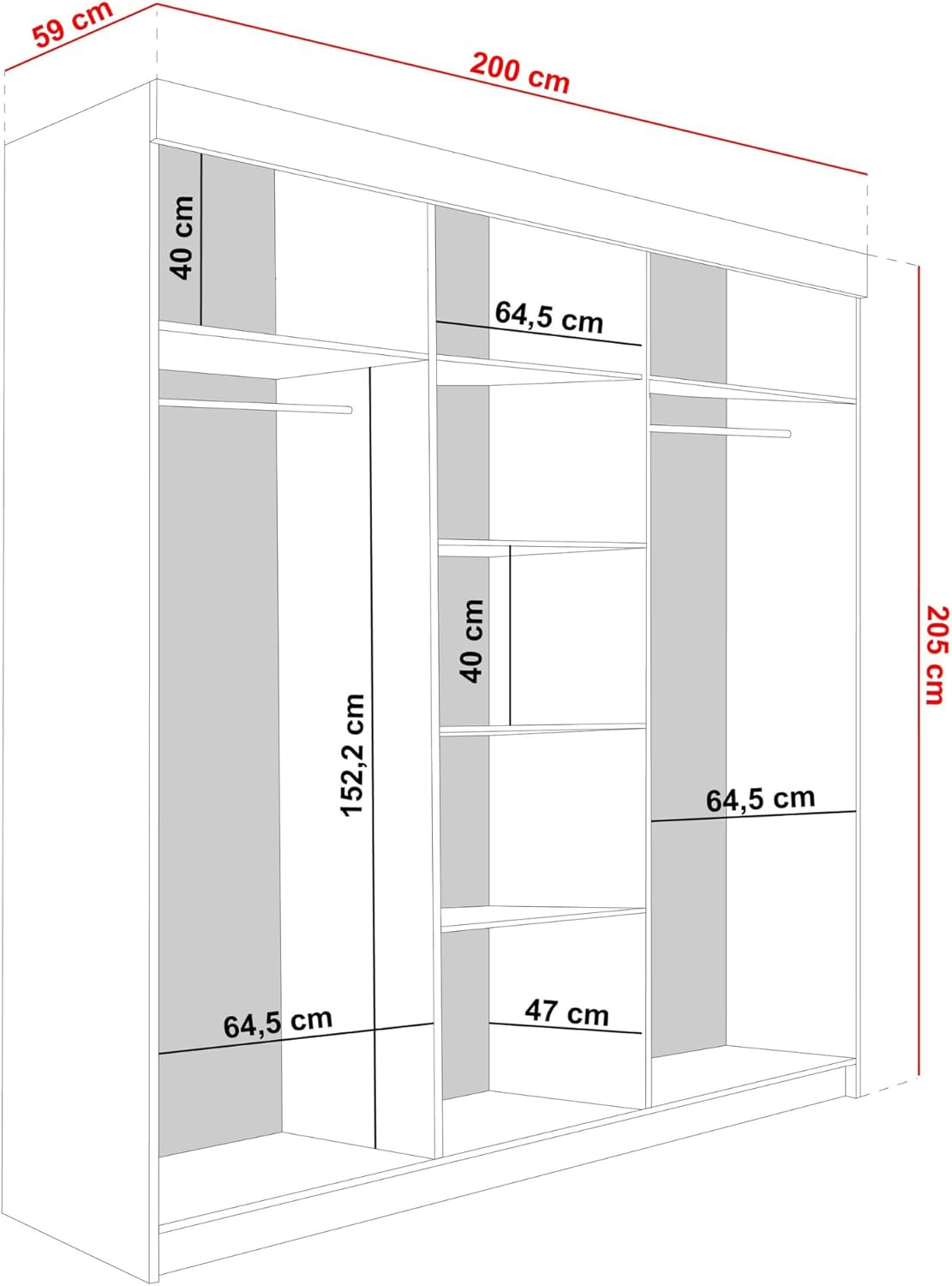 KIER FURNITURE Schiebegarderobe LAMARO mit Spiegel - Schrank Schlafzimmer - Schlafzimmerschrank - Wardrobe Bedroom - Kleiderschränke - Kleiderschrank - 200x205x59cm - Schwarz