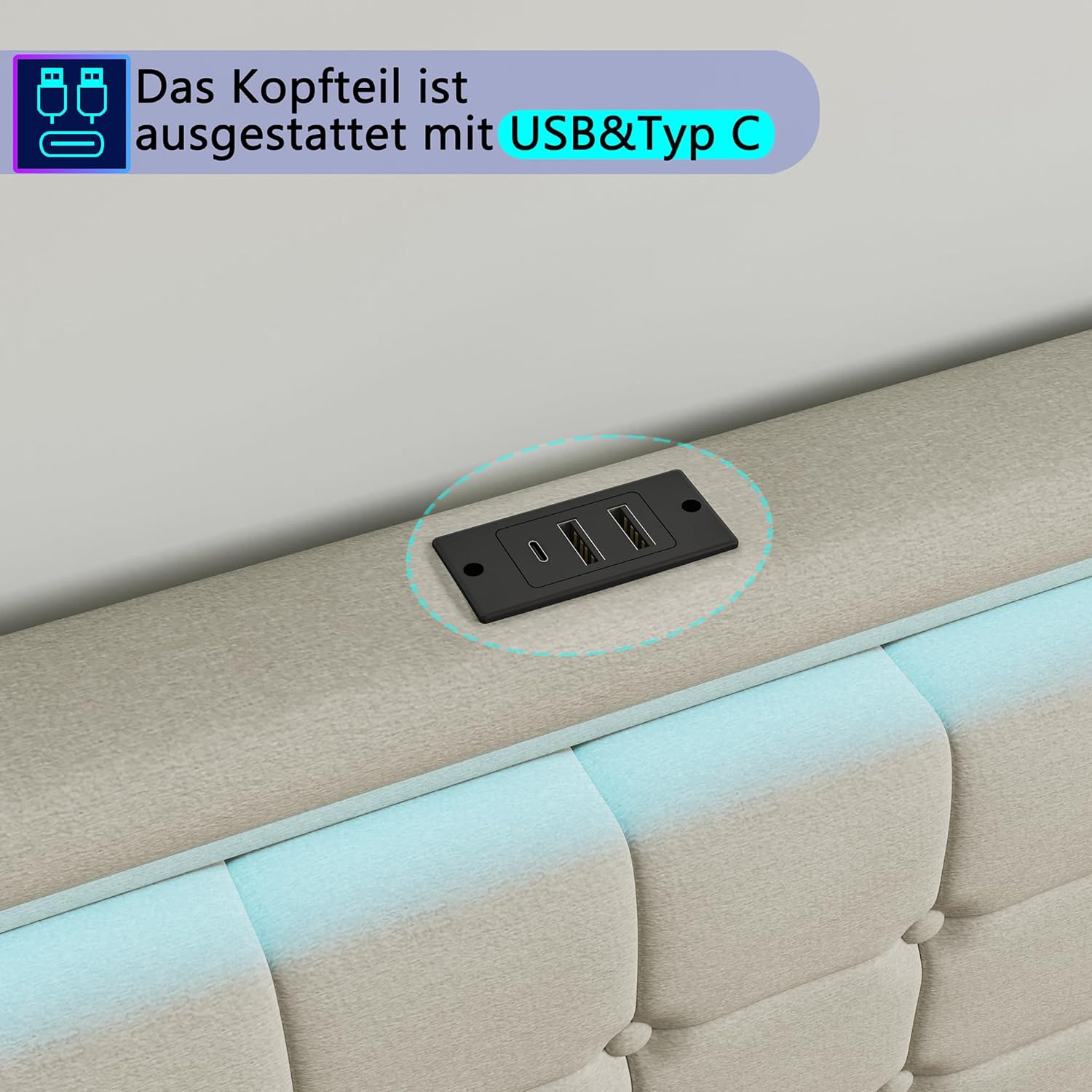 Polsterbett 140x200 cm mit LED-Kopfteil, Doppelbett mit USB-Ladefunktion und Lattenrost, 4 praktischen Schubladen und stilvollem Design, Ideal für Jugendzimmer und Moderne Räume, Ohne Matratze