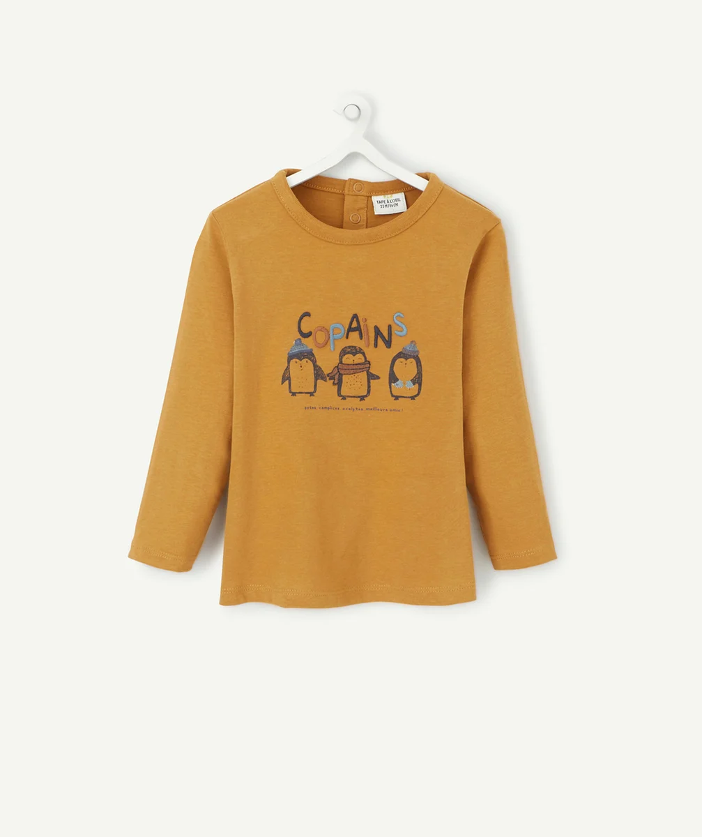 T-SHIRT BÉBÉ GARÇON EN COTON MARRON MOTIFS PINGOUINS ET MESSAGE