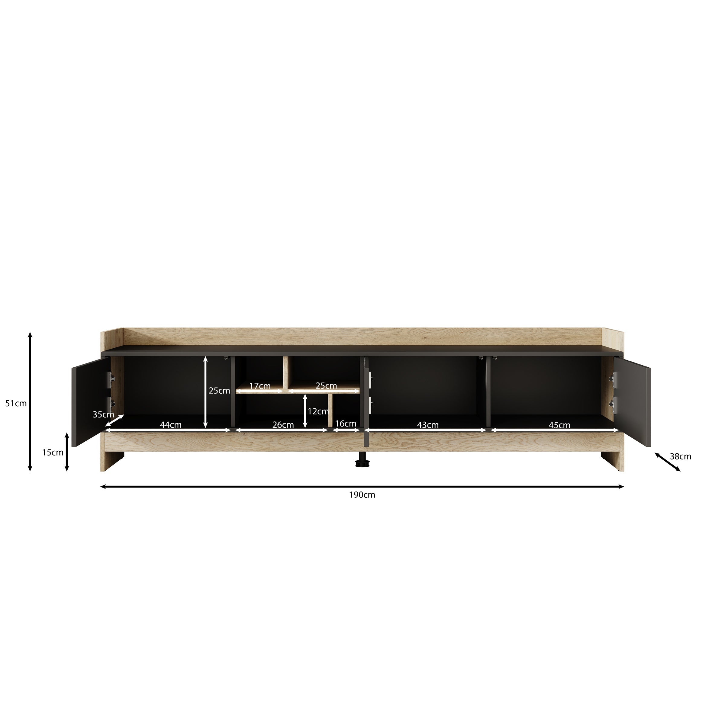 Meubella - TV-Meubel Benz - Zwart - 190 cm