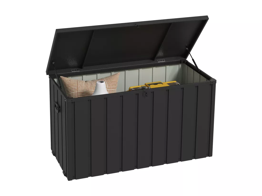 Coffre de rangement jardin capacité 450L - vérin à gaz, roulettes, poignée - acier PP anthracite