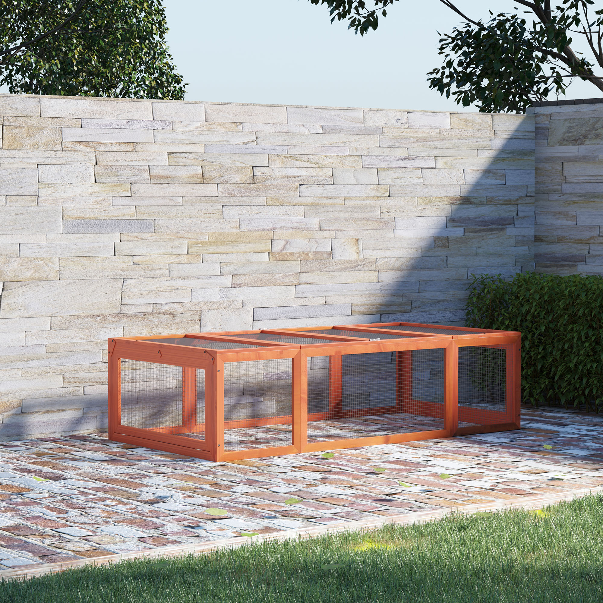 Gaiola de madeira para coelho PawHut, para uso externo, 180x90x48 cm, grande, com 3 portas e estrutura em arame de metal natural. Ideal para pequenos animais.