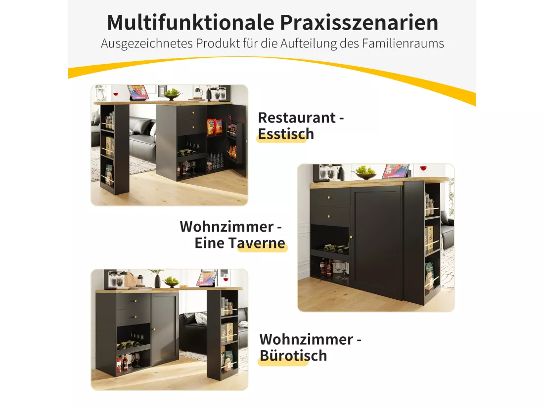 Meuble de bar pivotant - une porte, 2 tiroirs, 3 étagères & 2 niches - MDF plateau effet bois - 138 cm/105x39x102 cm - Noir
