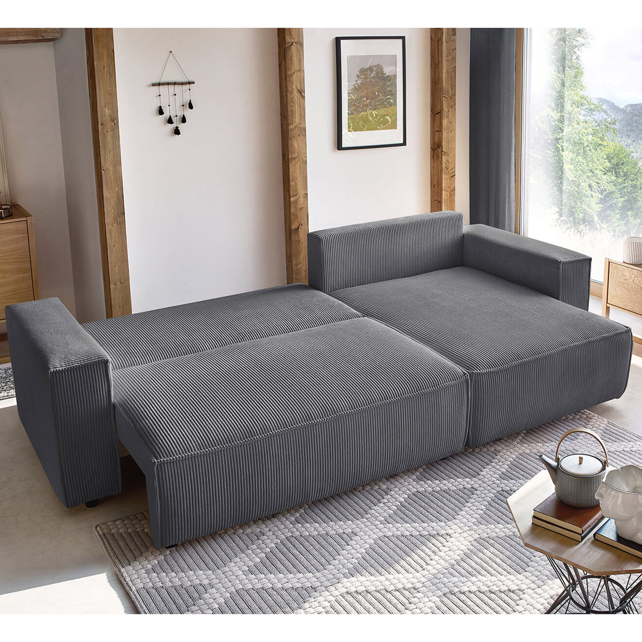 Bobochic Canapé d'angle convertible reversible Nihad en velours côtelé gris foncé - 282x153 cm