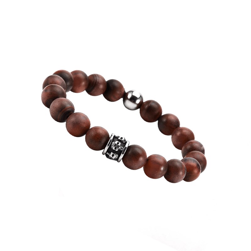 Bracelet Grosses Perles Pierres Naturelles oeil De Tigre Rouge Tête De Mort