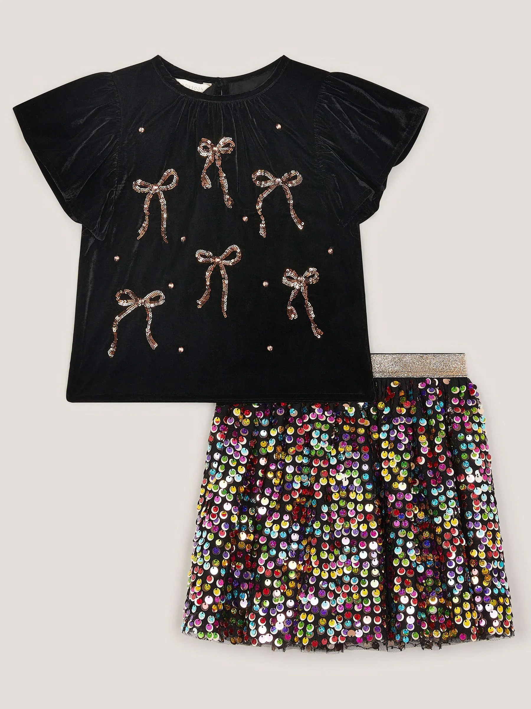 Monsoon Velvet Bow Top & Sequin Skirt Set