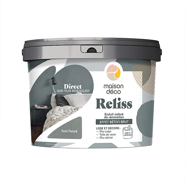 Enduit coloré de rénovation effet béton brut Maison Déco Reliss vert kaki 15KG