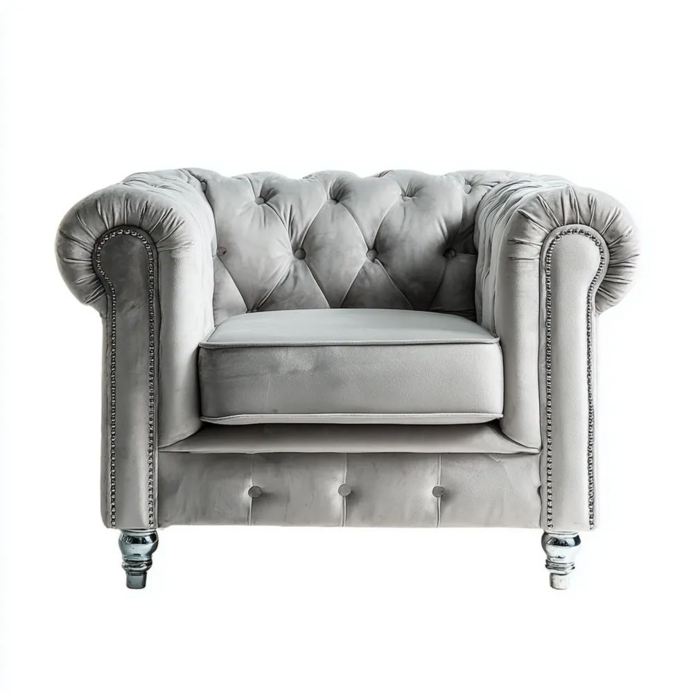 Chesterfield Sessel (98x85x72 cm) Samtpolster - Hellgrau - Klassisches