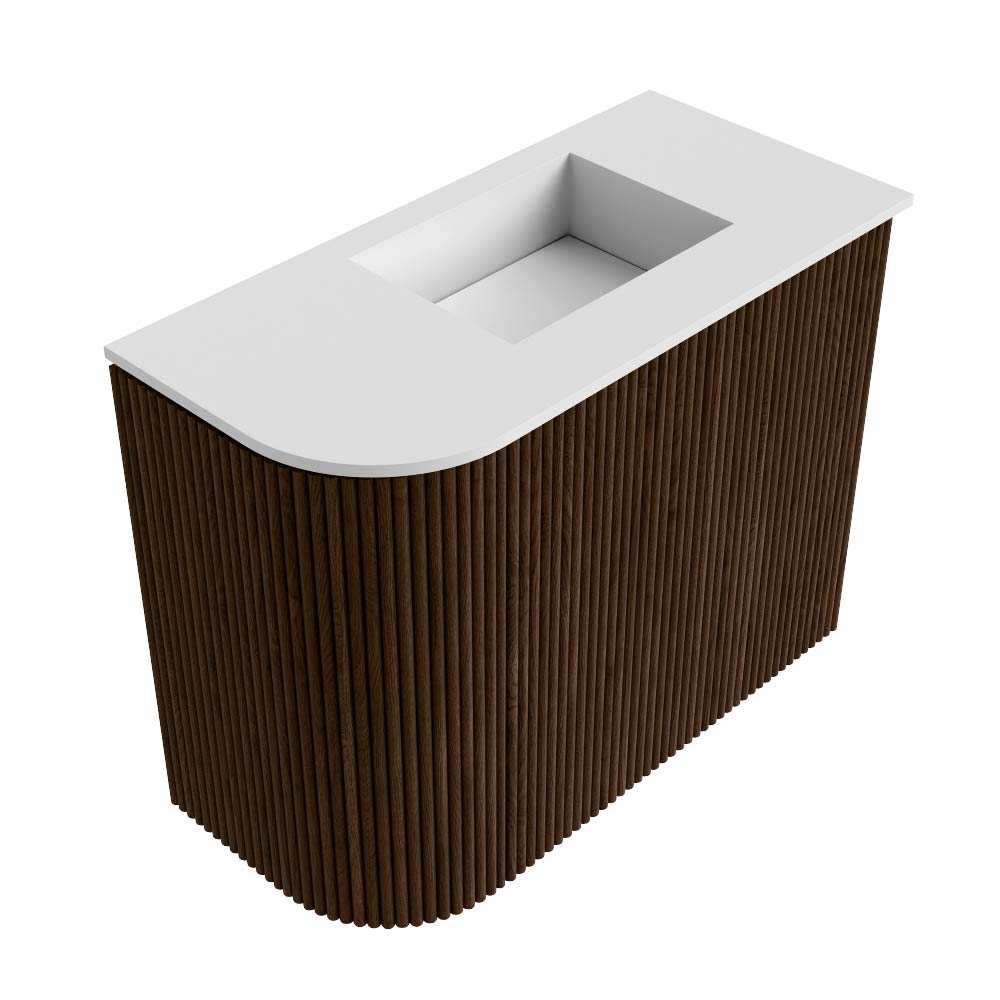 Mondiaz Joya 50cm toiletmeubel ronding links walnut met wastafel faye rechts 1 kraangat talc