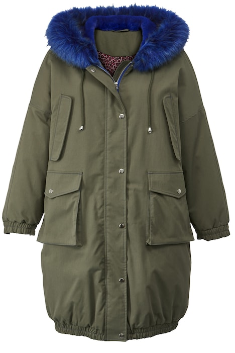 Parka, oversized, farbiges Webfell, Kapuze, Zipper, elastischer Saum
