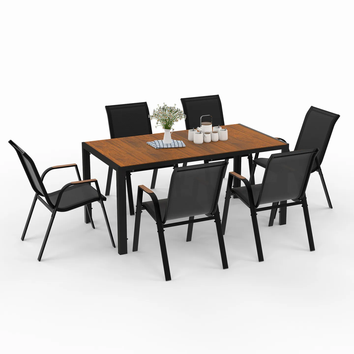 Salon de jardin NOUMEA table 150 cm plateau effet bois et 6 chaises empilables noir et bois