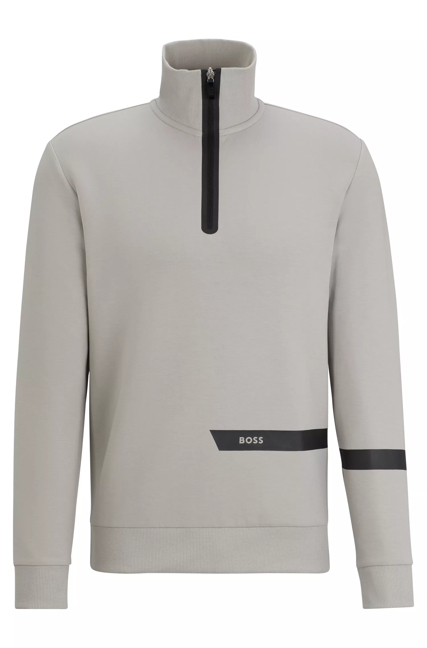 Moletom BOSS verde com gola zip e listra com o logotipo.