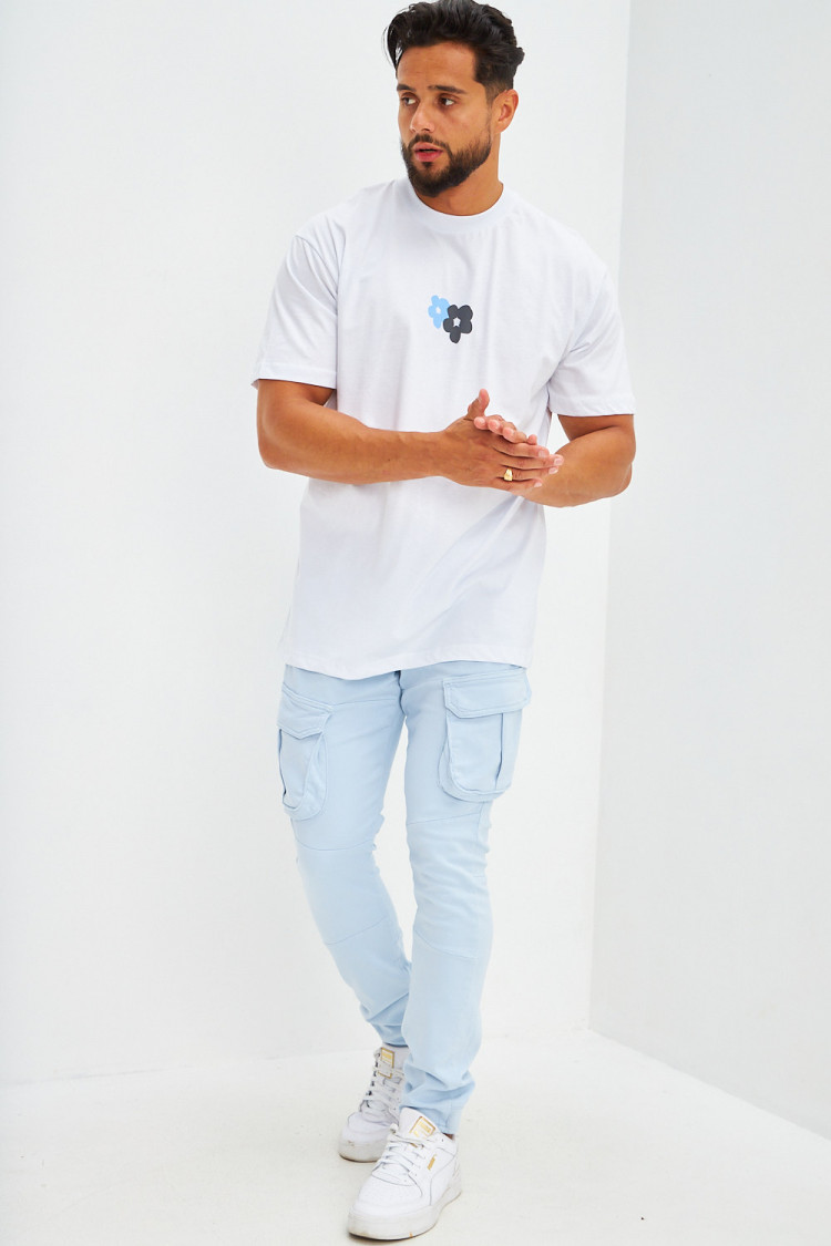 T-shirt floqué fleurs avant et arrière blanc