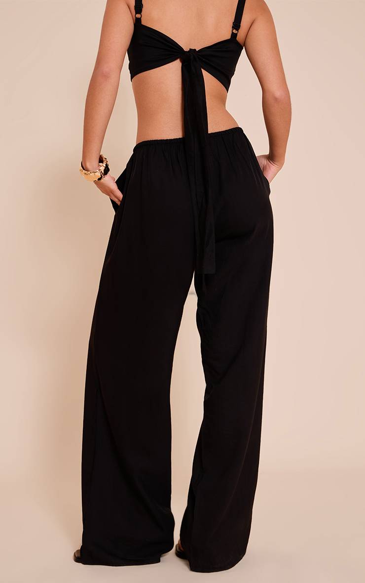 Noir Pantalon Large Texturé À Cordon De Serrage