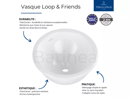 Vasque 45 x 45 ronde à encastrer par-dessous VILLEROY ET BOCH Loop & Friends TitanCeram blanche avec trop plein