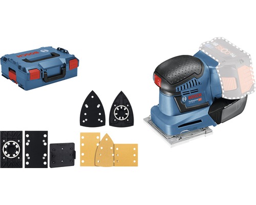 Bosch Professional GSS 18V-10 accu-excenterschuurmachine inclusief L-BOXX 136 en 3 verschillende C470 schuurplateaus, zonder accu en lader