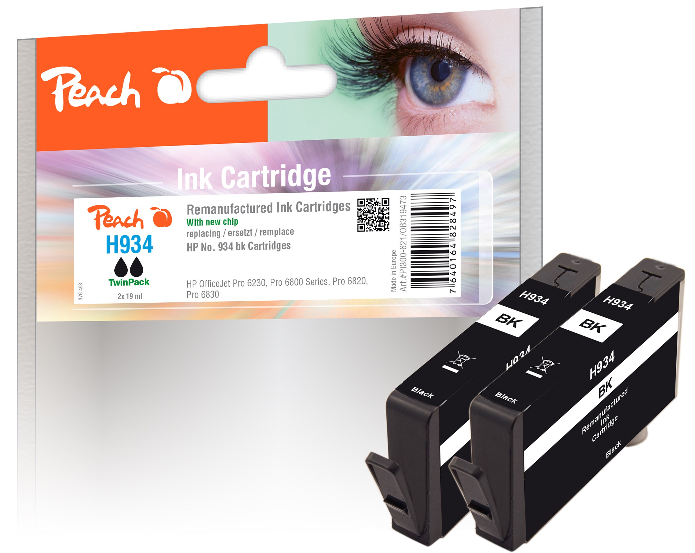 Peach HP 934 bk 2 Druckerpatrone 2*bk ersetzt HP No. 934 bk*2, C2P19A*2 für z.B. HP OfficeJet Pro 6230, HP OfficeJet Pro 6830, HP OfficeJet 6815 (wiederaufbereitet)