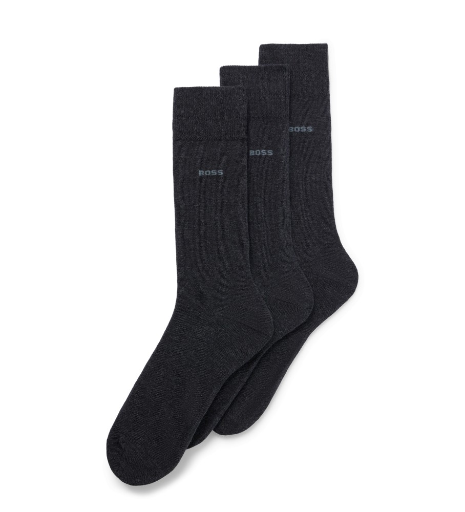 Pacote com 3 pares de meias longas padrão BOSS, pretas.