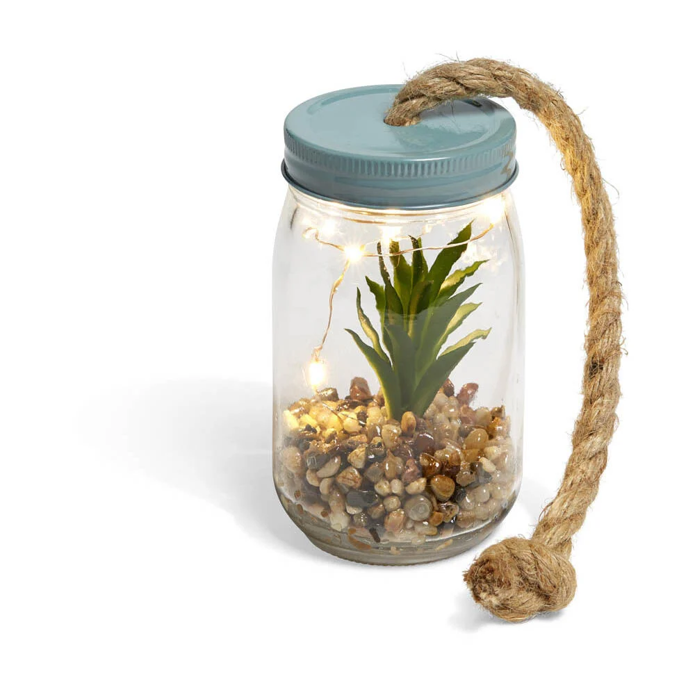 Bocal en verre plante artificielle avec accroche corde jute
