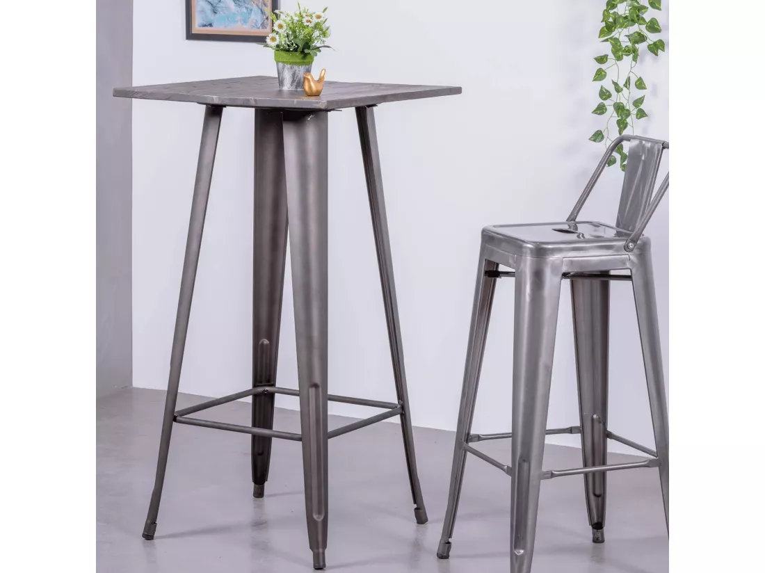Table haute industrielle en acier vieilli et bois foncé - Bistro - Antique