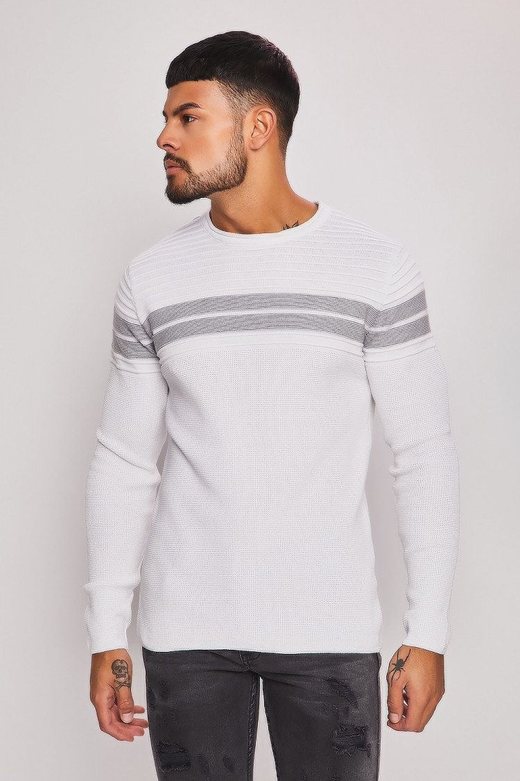 Pull blanc à bandes rayée noire