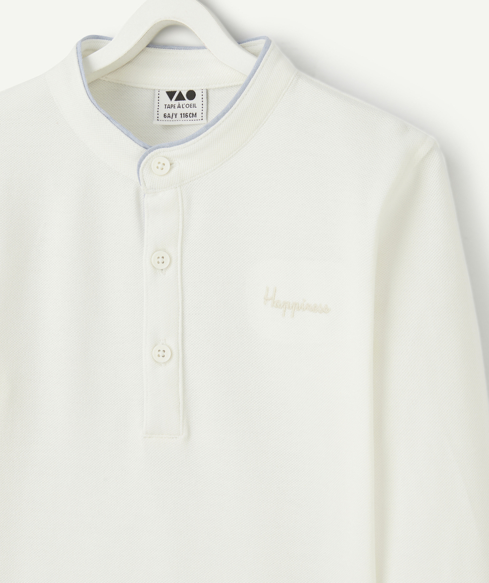 polo manches longues garçon en coton bio effet 2 en 1 blanc et bleu
