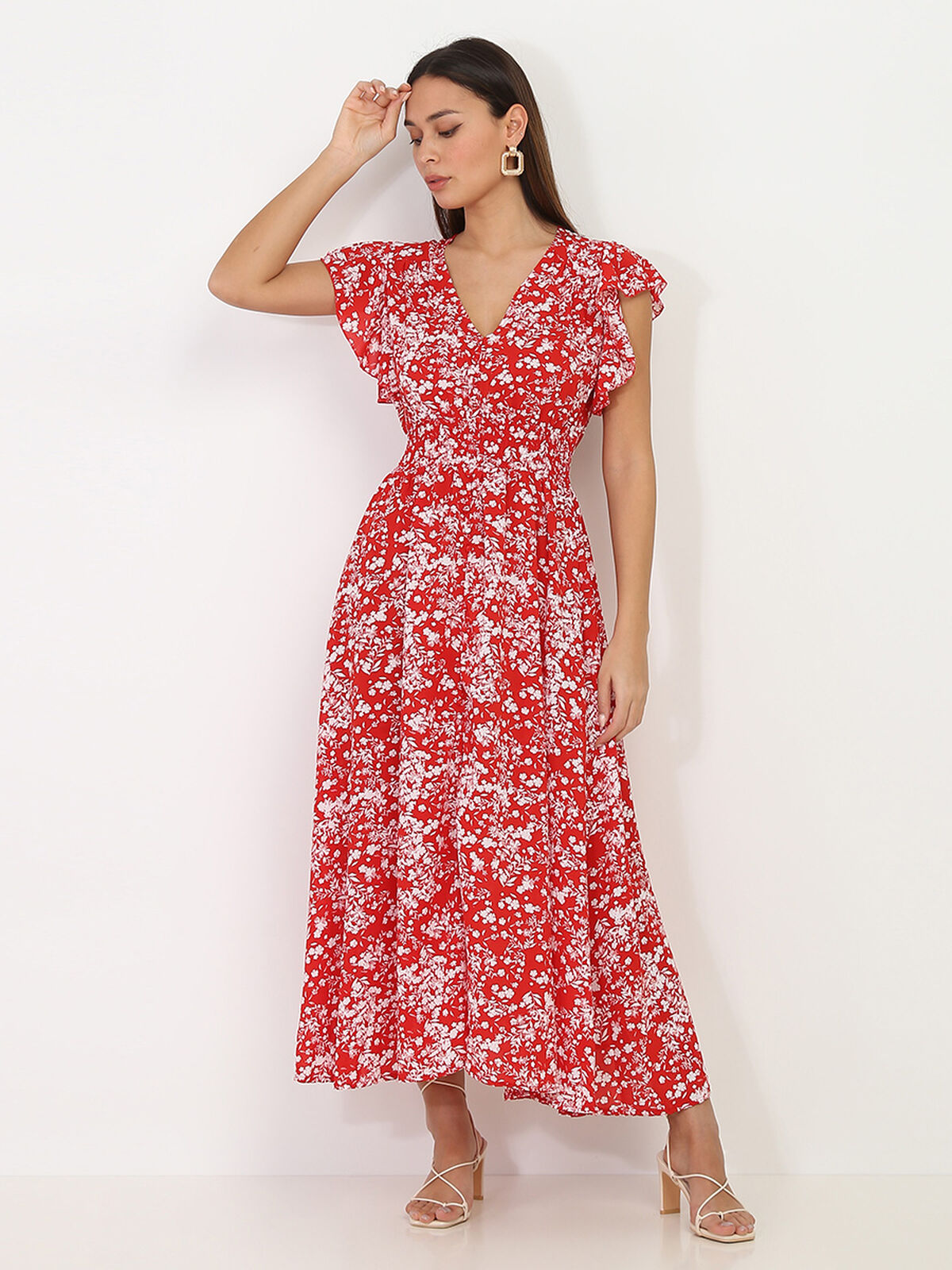 Robe volantée à boutons et motif fleurs- Rouge