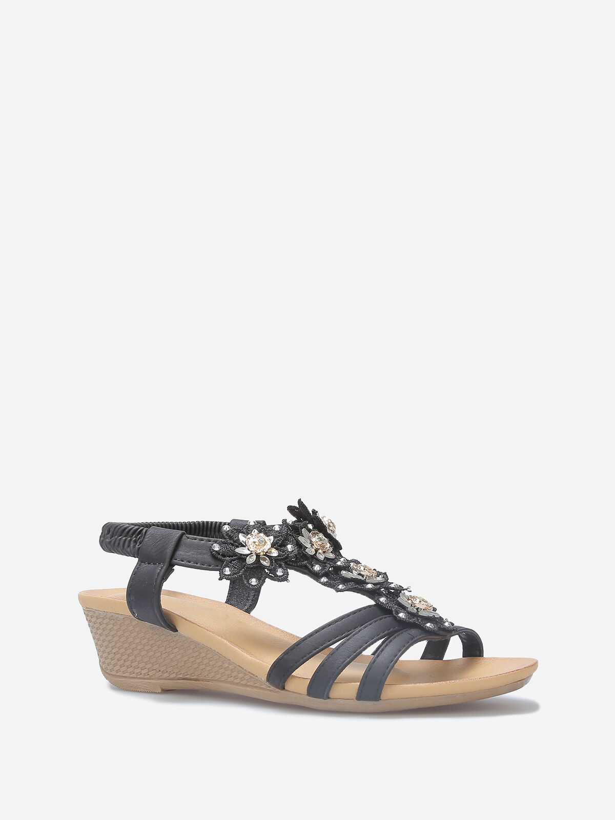 Sandales compensées à bride fleurs et strass- Noir