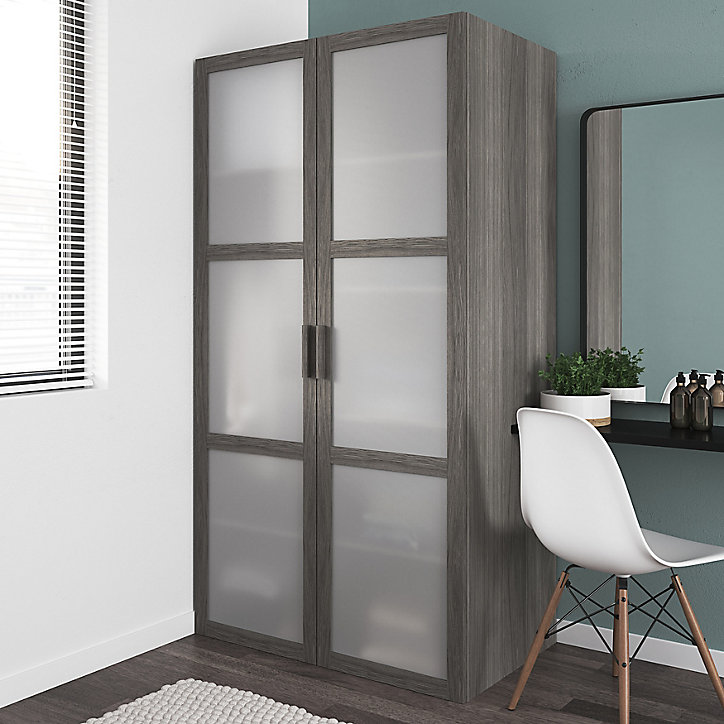 Armoire penderie effet chêne grisé portes battantes en verre opaque GoodHome Atomia H. 187,5 x L. 100 x P. 60 cm