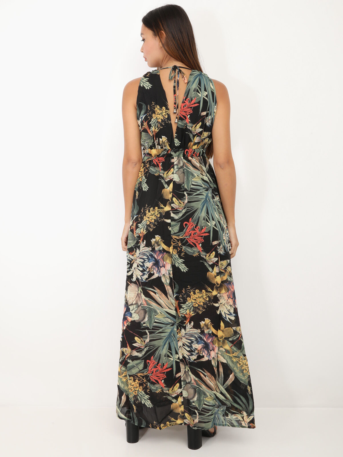 Robe longue fleurie décolletée- Noir