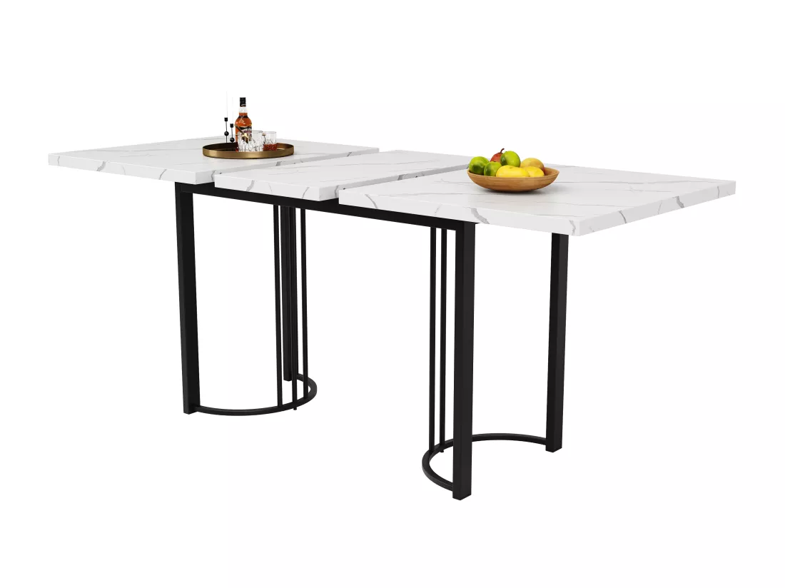 Table à manger escamotable（140-179.5x80cm)- en MDF & Métal - plateau effet marbre - Blanc