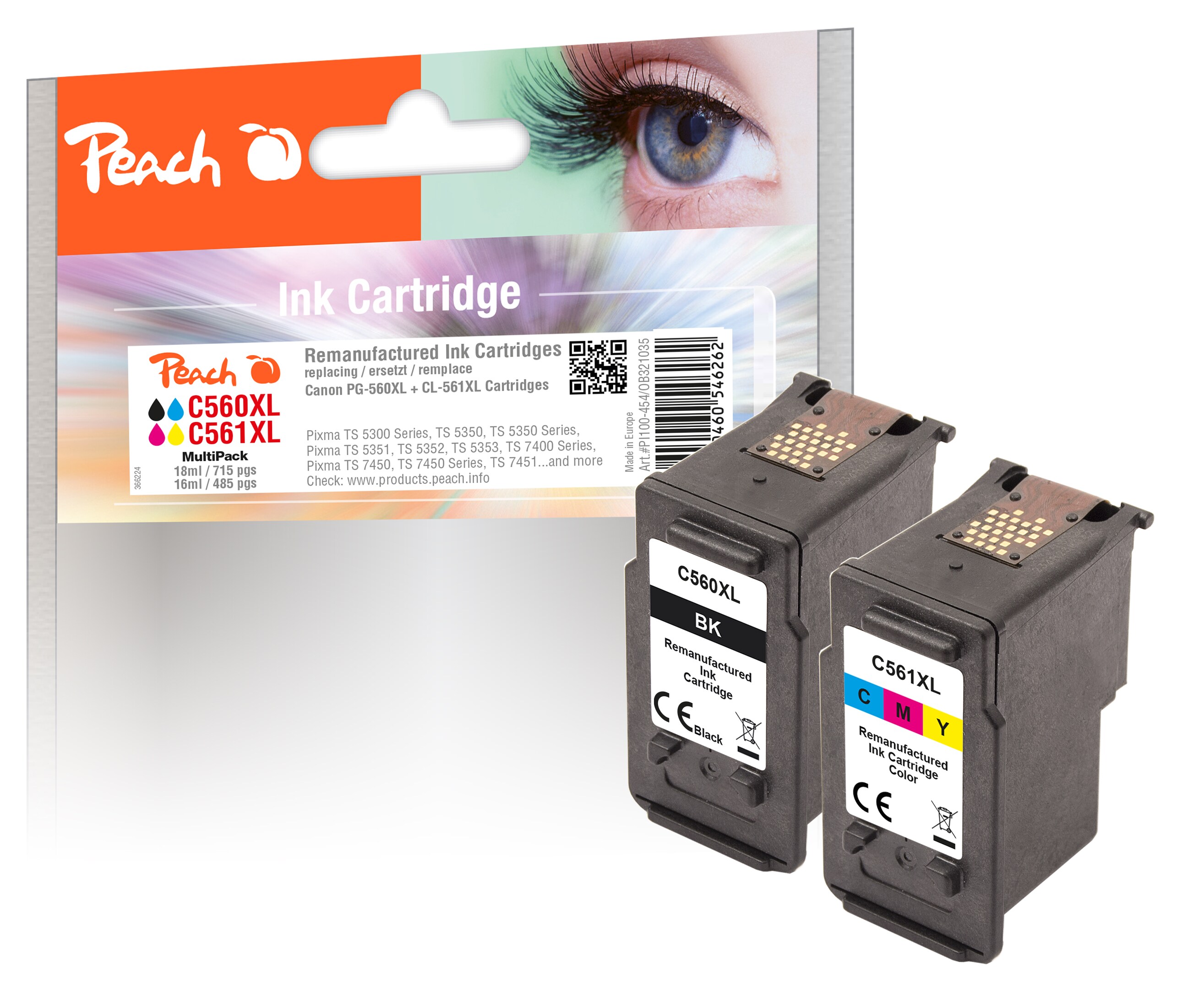 Peach C560 XLBK 2 Druckerpatronen XL (bk, col) ersetzt Canon PG-560XLBK, CL-561XLC, 3712C006 für z.B. Canon Pixma TS 5350 i, Canon Pixma TS 7450 a (wiederaufbereitet)