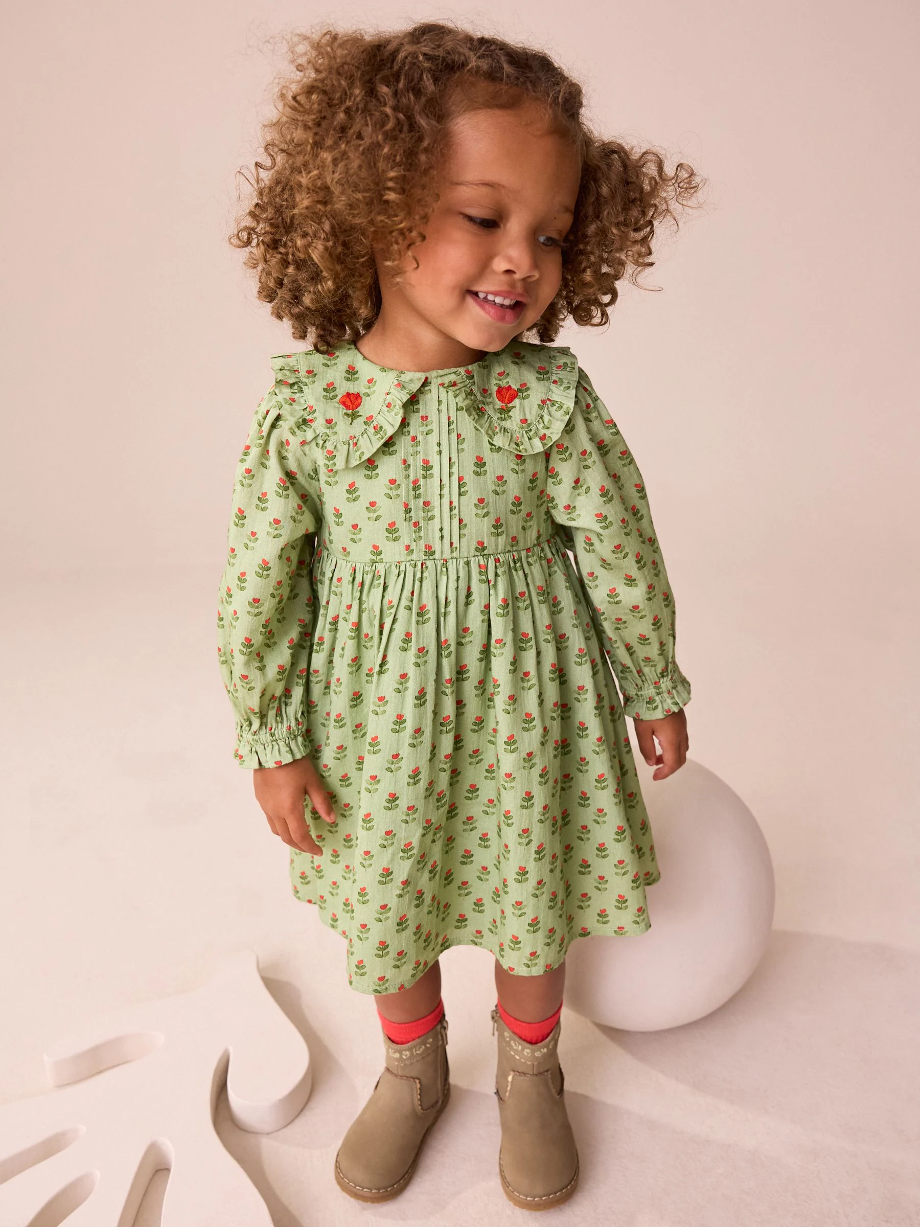 Groen met print - Collar Long Sleeve Dress (3mths-8yrs)